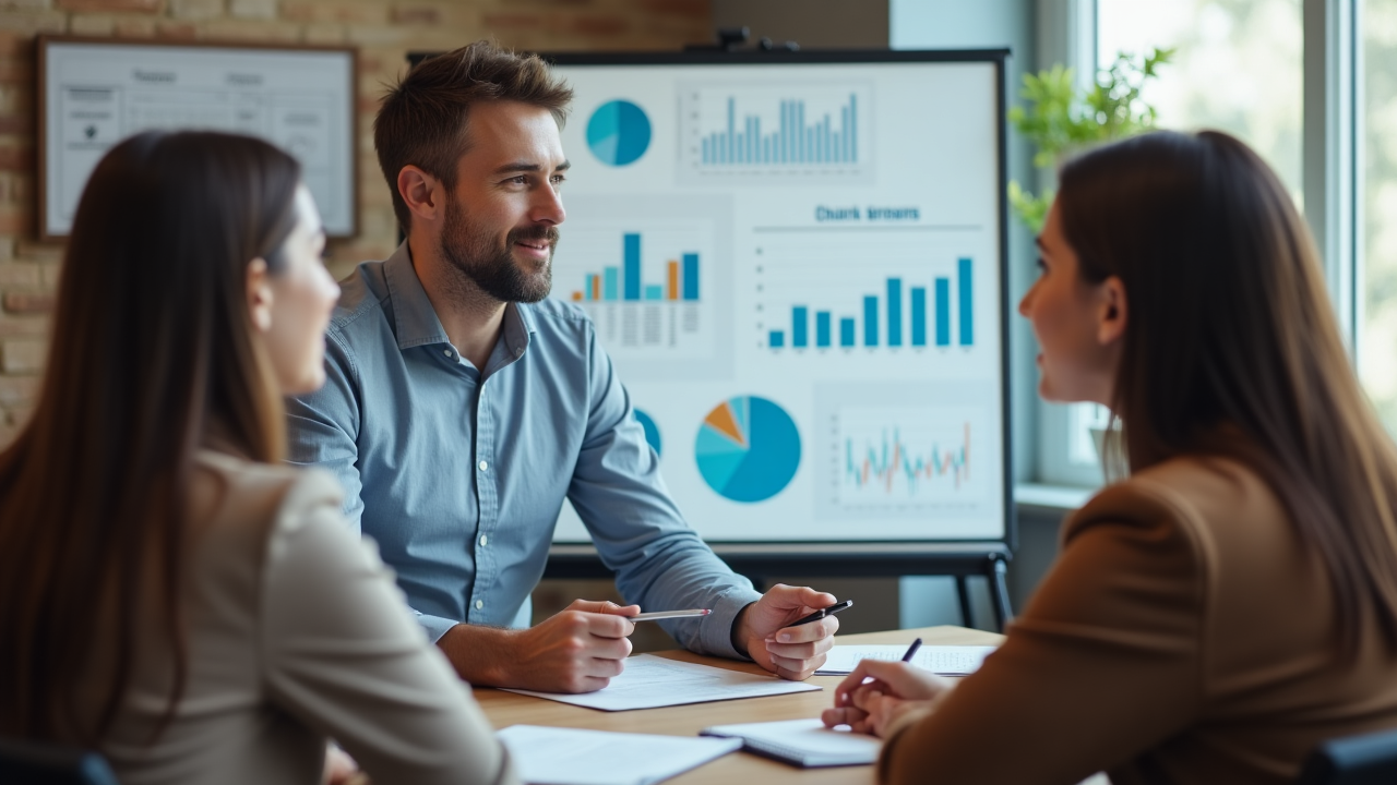 Strategic investment planning session with charts and graphs